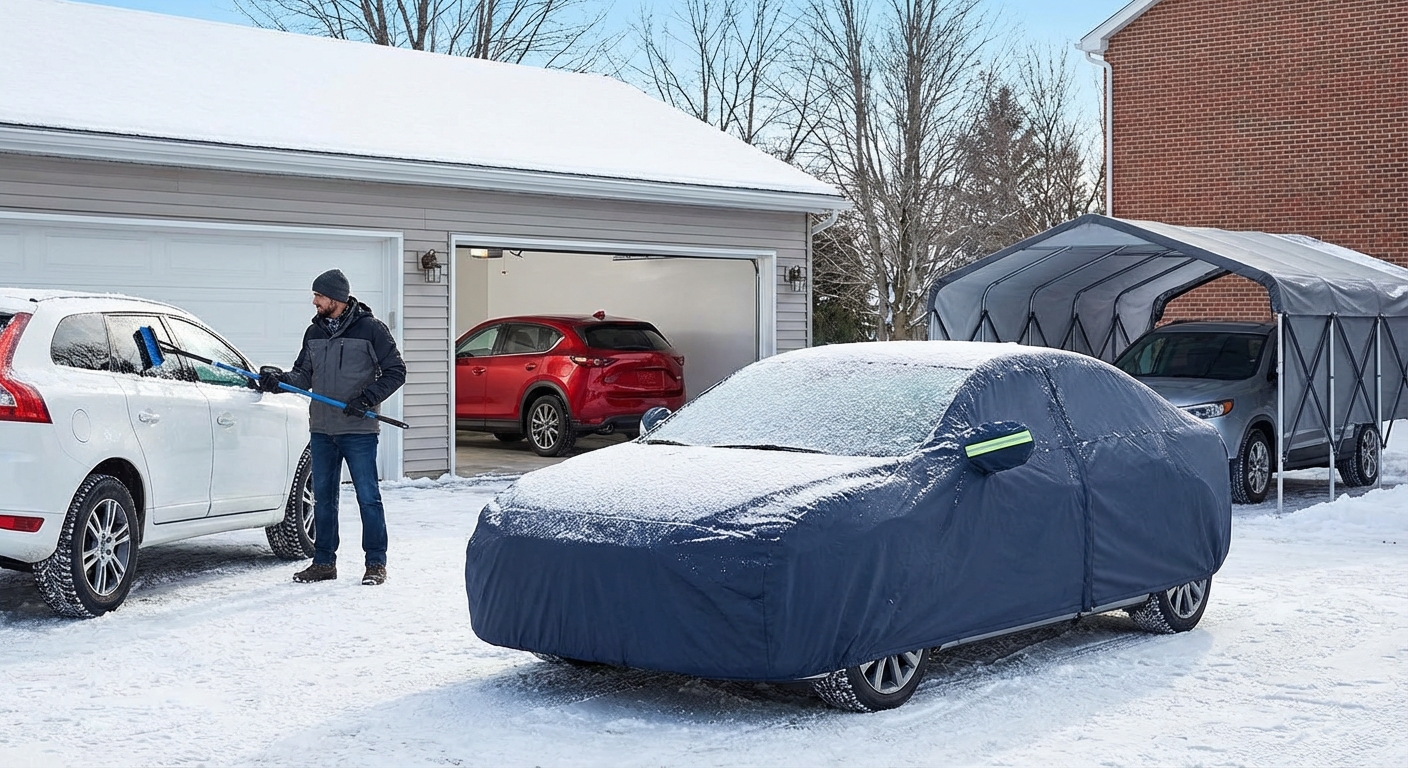 Voiture garée dans un garage protégé, illustrant l'importance du stationnement à l'abri en hiver