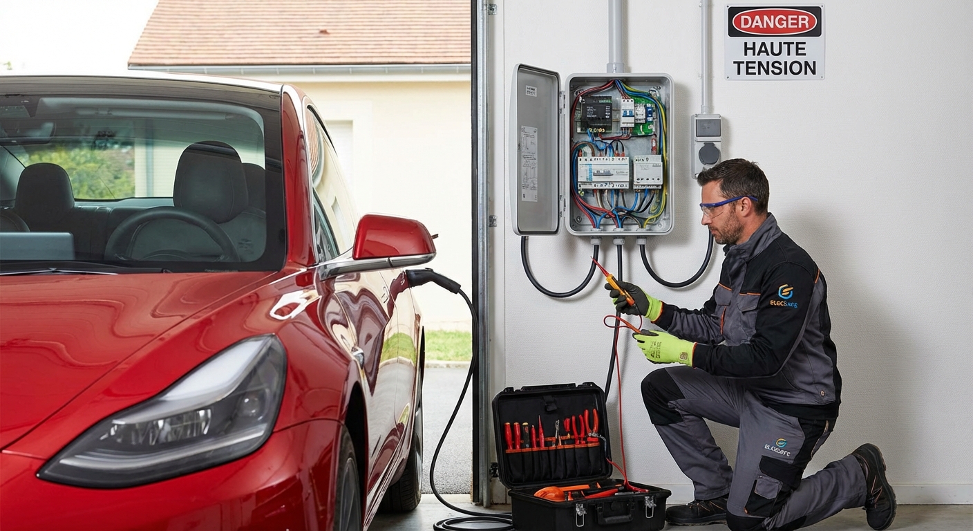 Électricien professionnel effectuant l'installation sécurisée d'une borne de recharge électrique