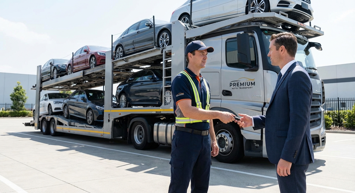 Conducteur professionnel effectuant le convoyage sécurisé de véhicules sur un transporteur automobile