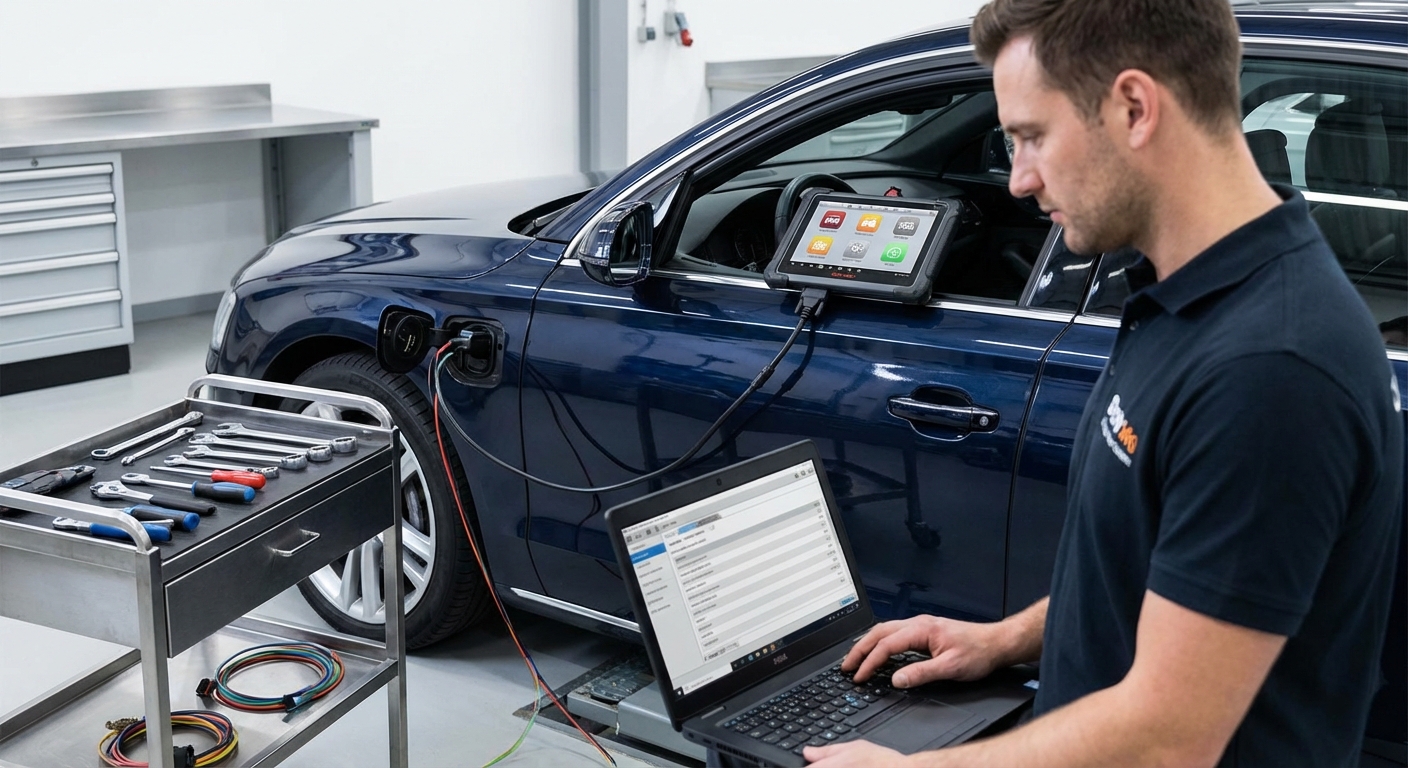 Garagiste professionnel effectuant une reprogrammation moteur avec outils de diagnostic