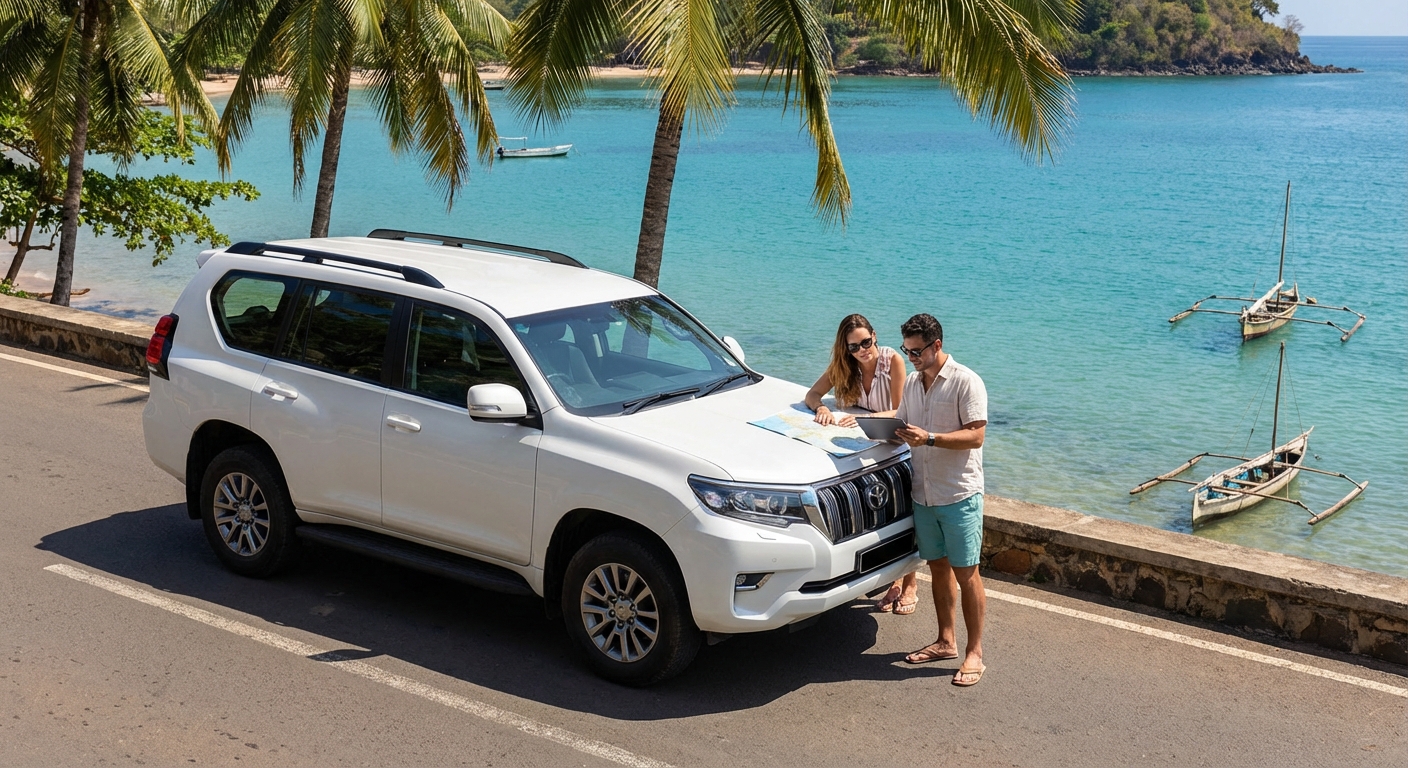 Véhicule de location sur les routes de Nosy Be avec paysage tropical en arrière-plan