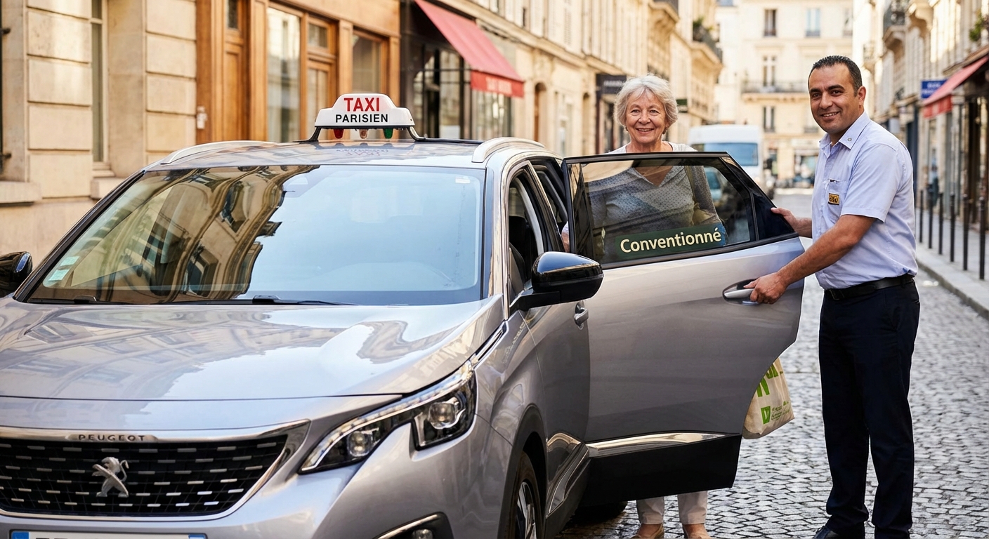 Chauffeur de taxi conventionné préparant son véhicule en début de journée
