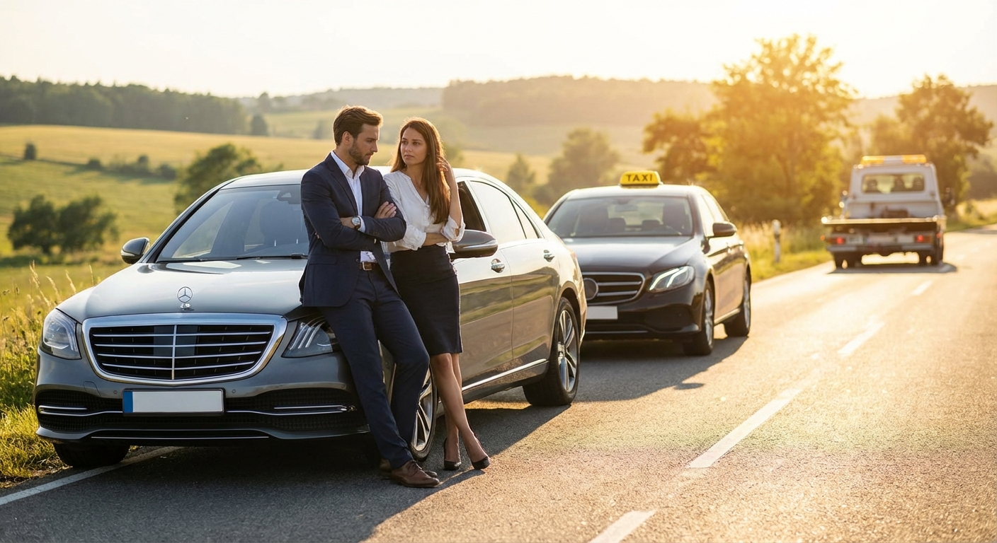 Voiture en panne sur le bord de la route avec conducteur attendant l'assistance