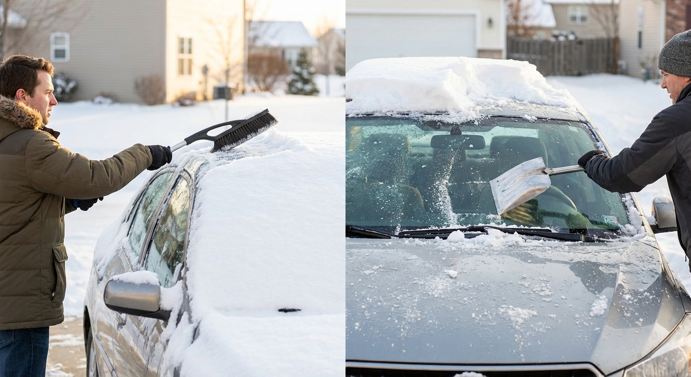 Voiture recouverte de neige nécessitant un déneigement méthodique