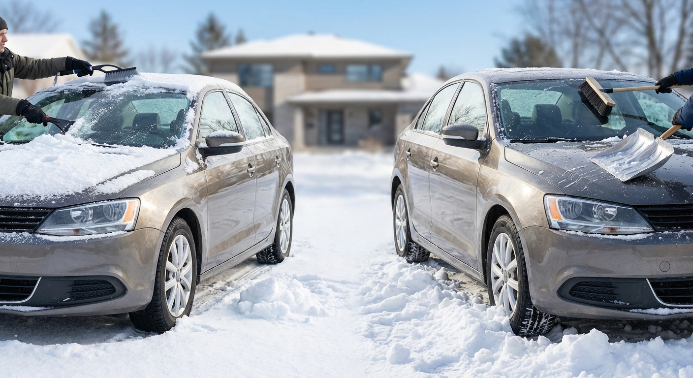 Démonstration des techniques de déneigement sur les vitres d'une voiture