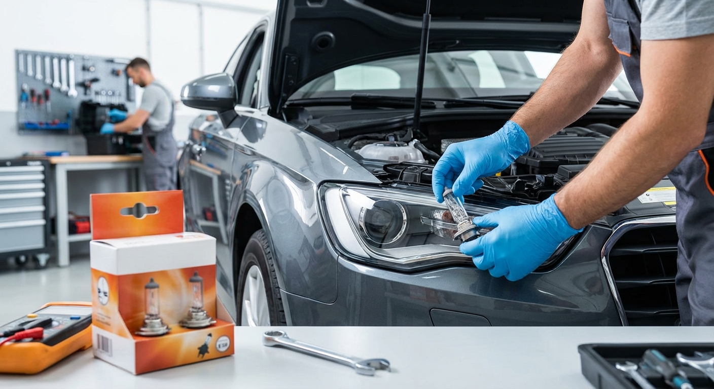 Mécanicien professionnel remplaçant une ampoule de phare dans un garage automobile
