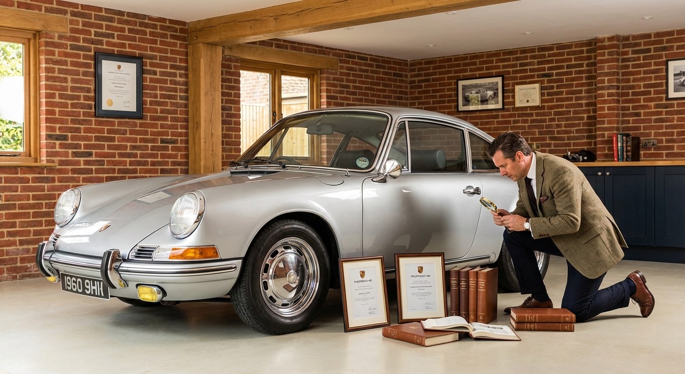 Documents historiques et papiers d'une voiture de collection authentique