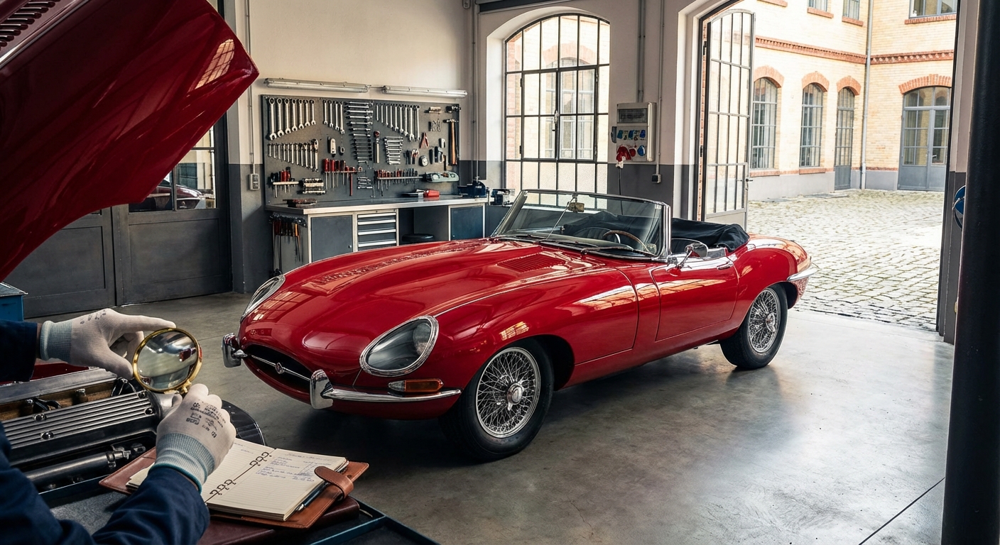 Expert examinant les détails techniques d'une voiture de collection pour vérifier son authenticité