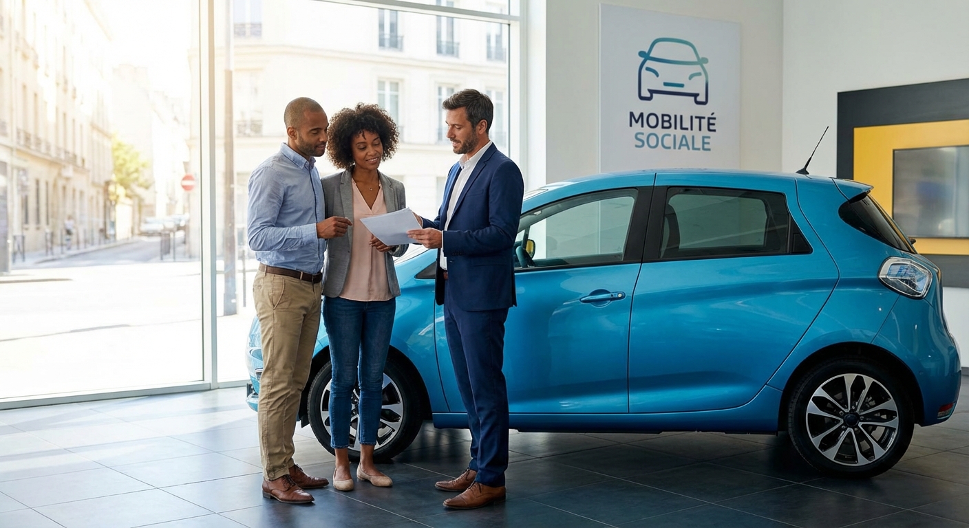 Voiture électrique en leasing social avec documents contractuels illustrant les coûts mensuels