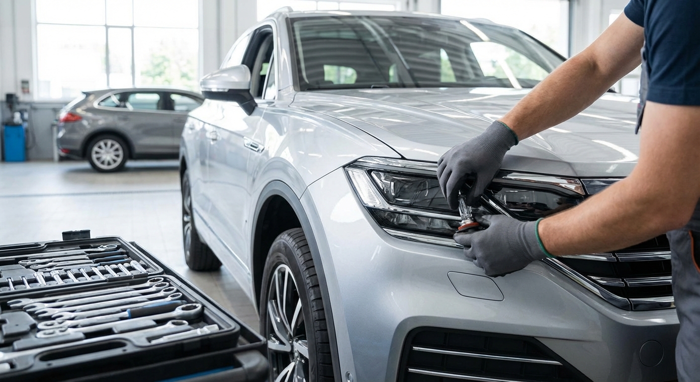 Outils nécessaires pour changer une ampoule de voiture disposés sur un plan de travail