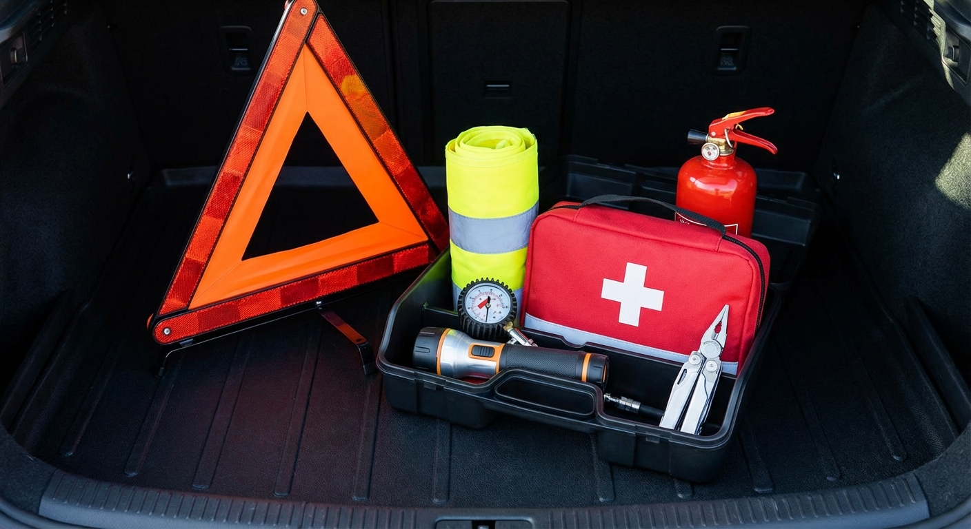 Équipements de sécurité obligatoires pour voiture incluant extincteur et triangle de signalisation