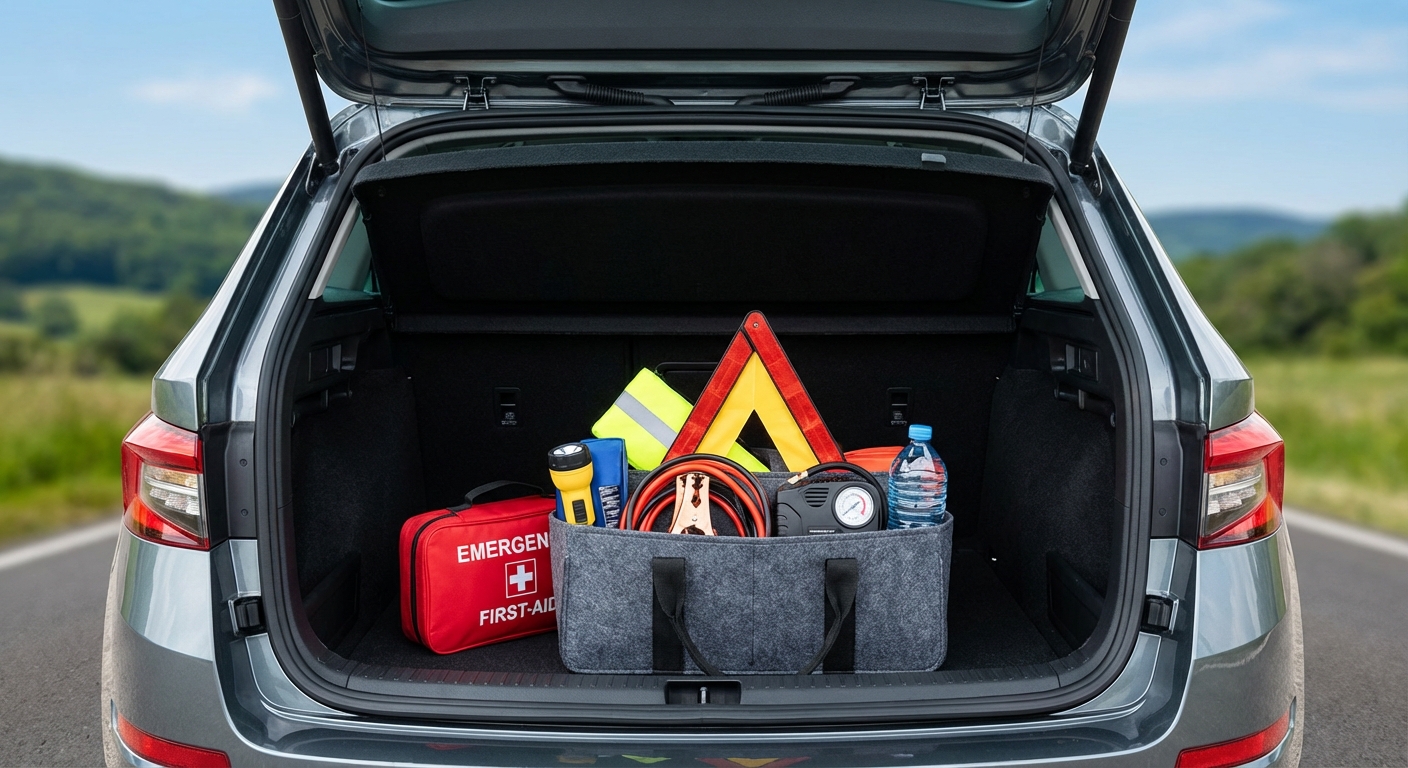 Équipements de dépannage automobile avec cric, clé de roue et roue de secours