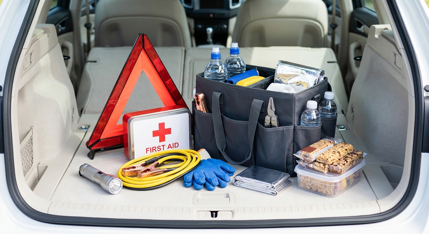 Kit d'urgence automobile complet avec tous les équipements essentiels organisés