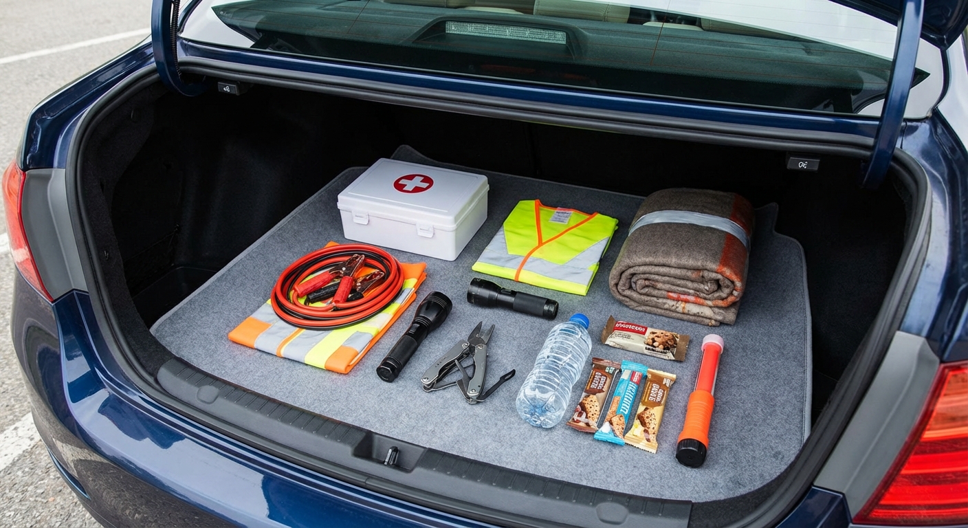 Organisation méthodique d'un kit d'urgence automobile avec compartiments étiquetés