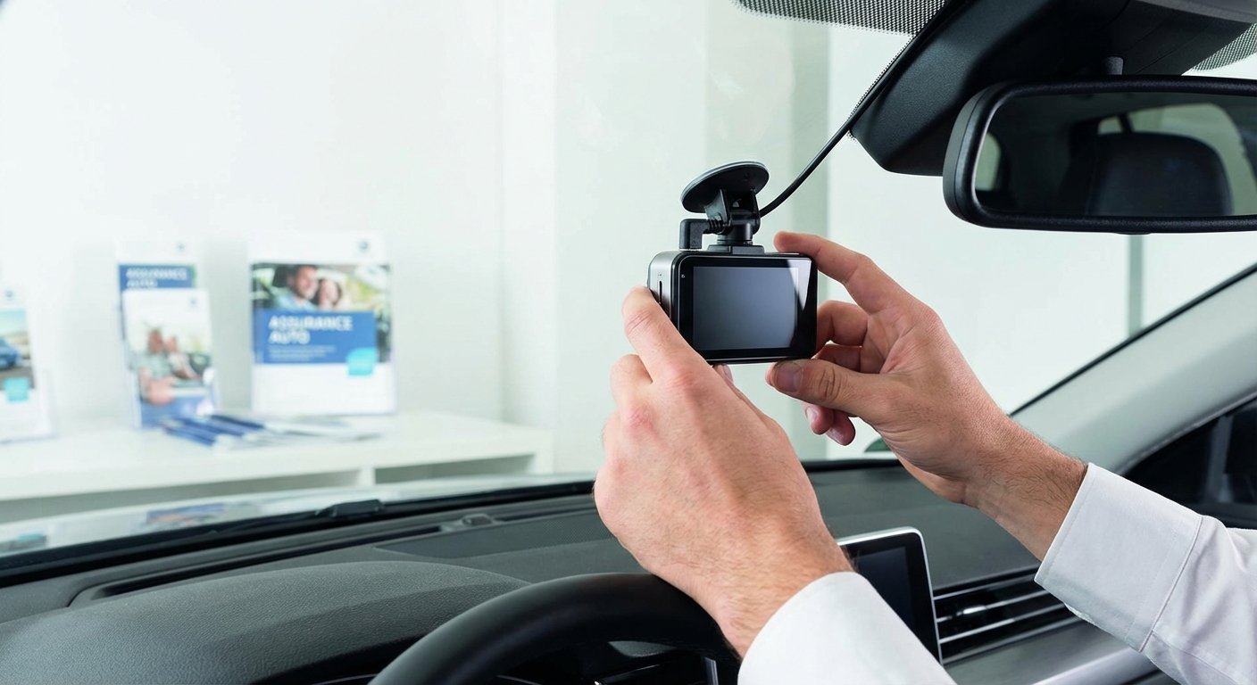 Caméra embarquée dashcam installée sur le pare-brise d'une voiture