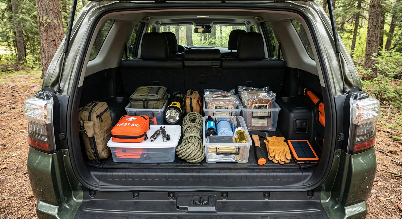 Sac à dos de survie ouvert avec équipements essentiels organisés dans le coffre d'une voiture