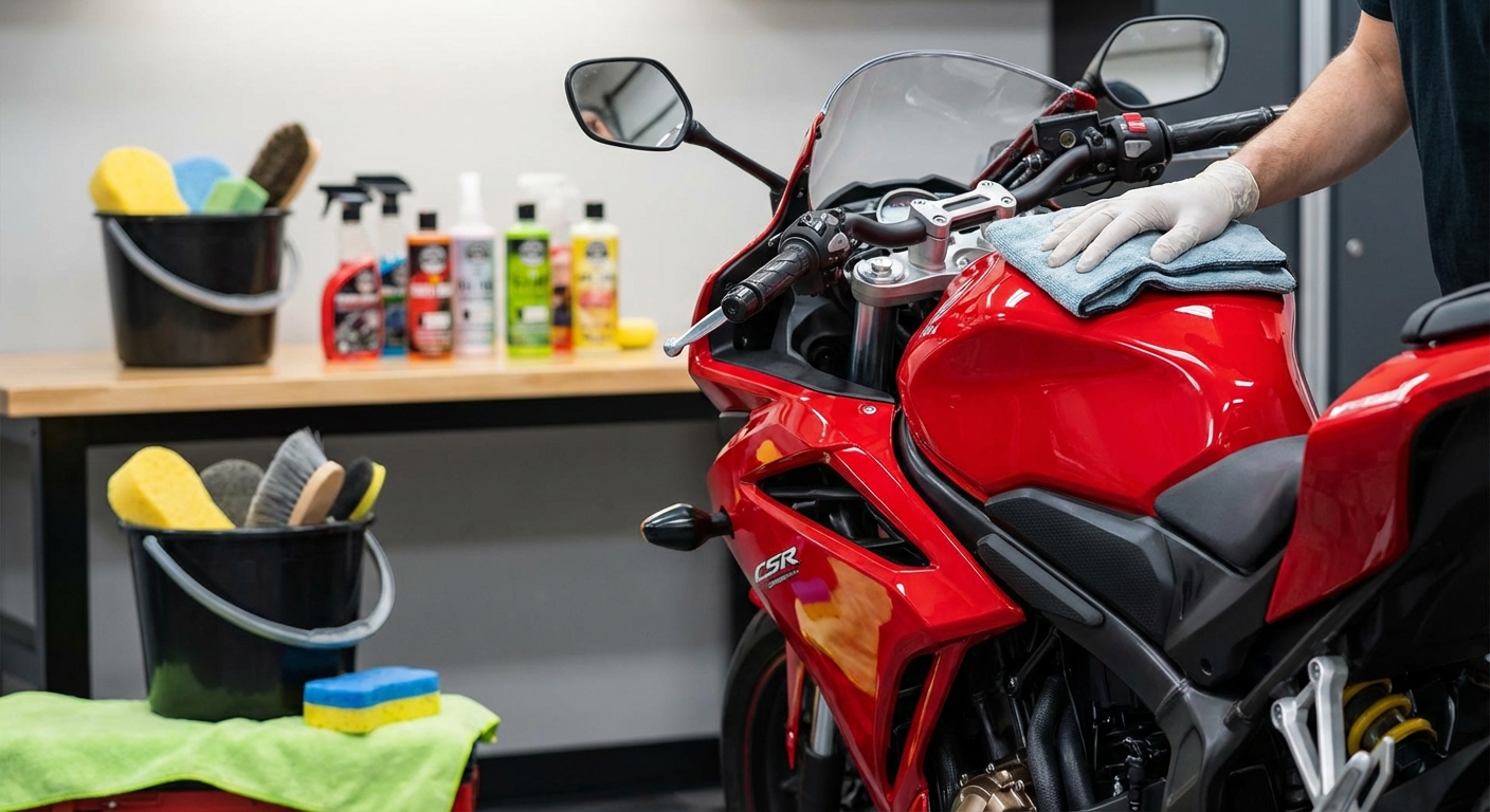 Produits de nettoyage spécialisés pour motos disposés pour l'entretien