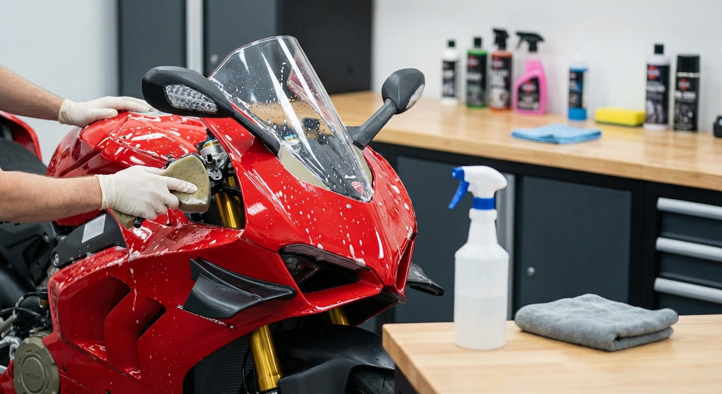 Motard en train de nettoyer sa moto avec les bons gestes et équipements