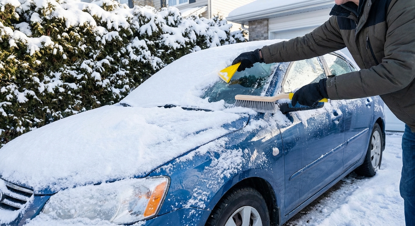 Voiture recouverte de neige nécessitant un déneigement complet