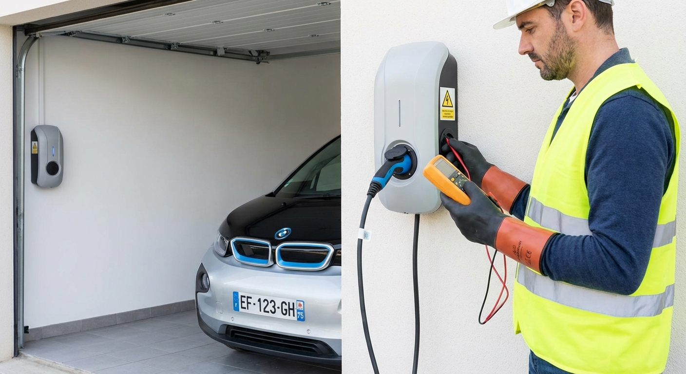 Installation professionnelle d'une borne de recharge électrique selon les normes de sécurité françaises