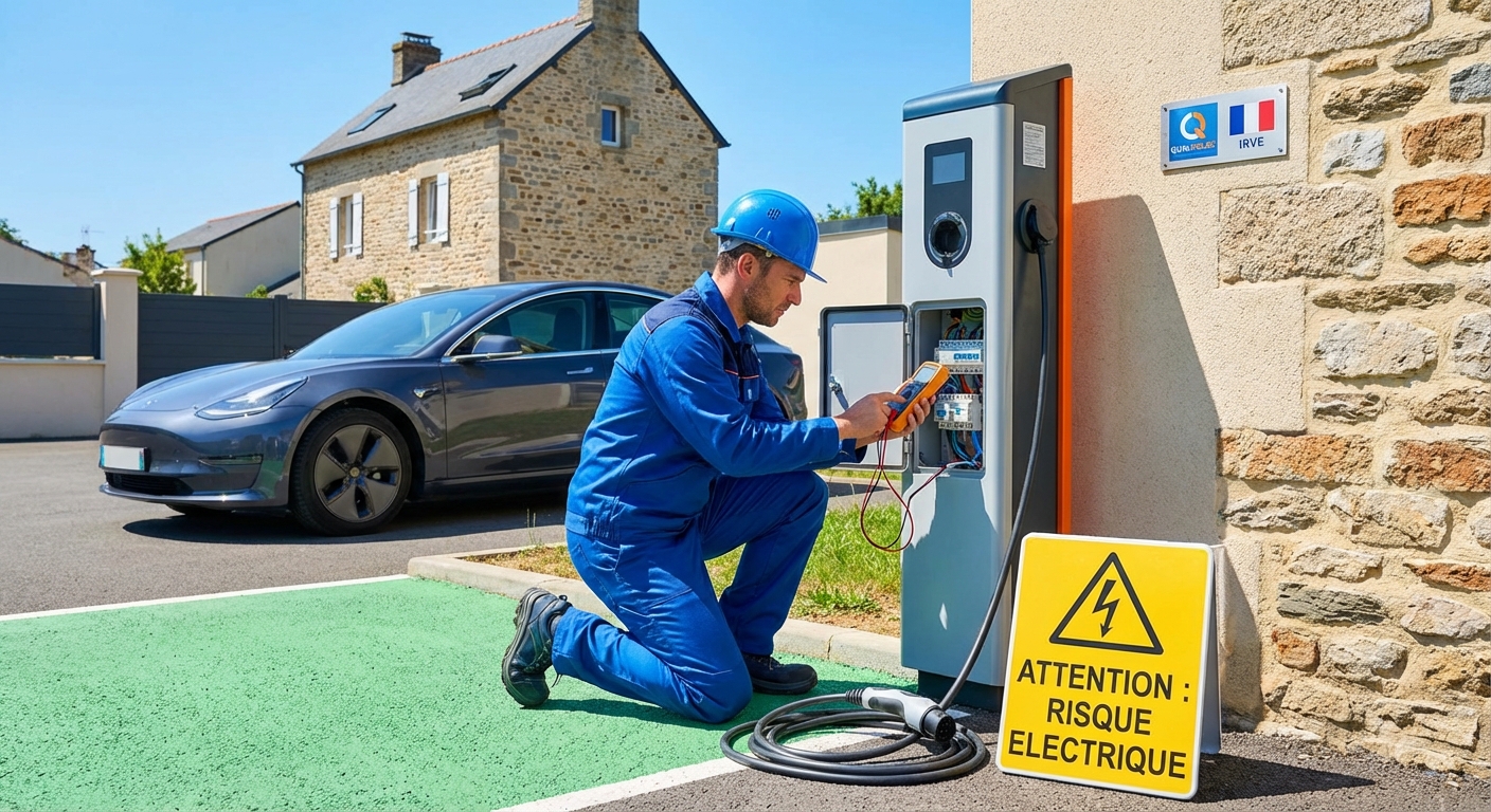 Électricien certifié IRVE procédant à l'installation conforme d'une borne de recharge électrique