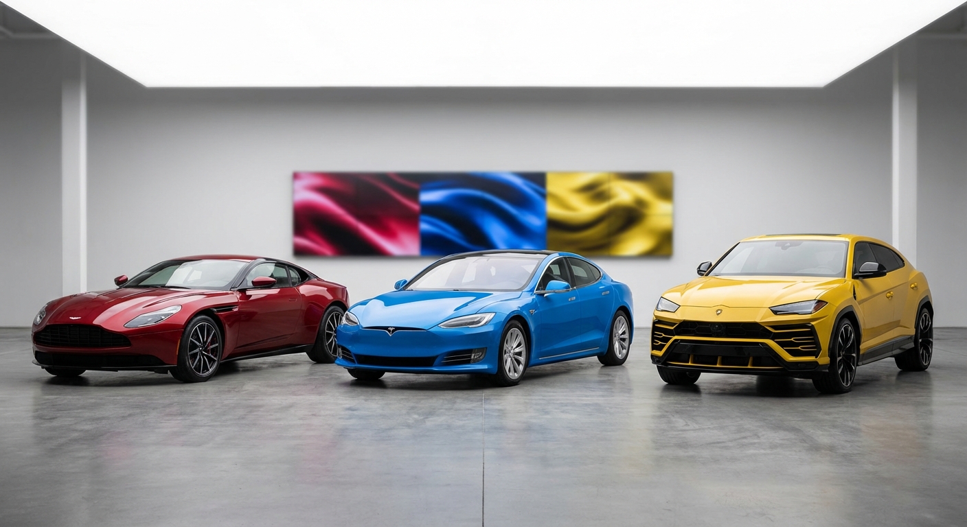 Palette de couleurs variées dans l'industrie automobile illustrant l'influence psychologique des teintes sur les consommateurs