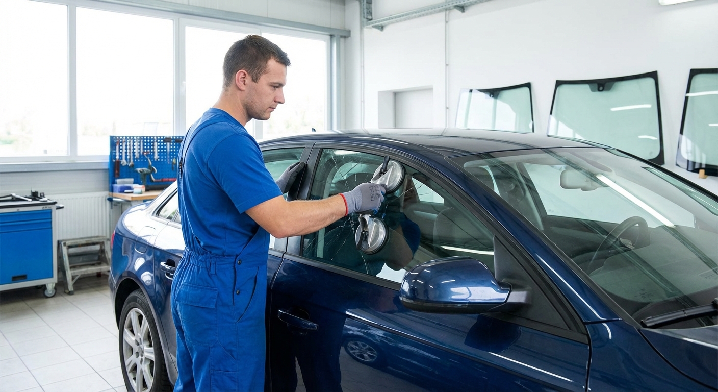 Technicien professionnel réparant une vitre de voiture avec du matériel spécialisé