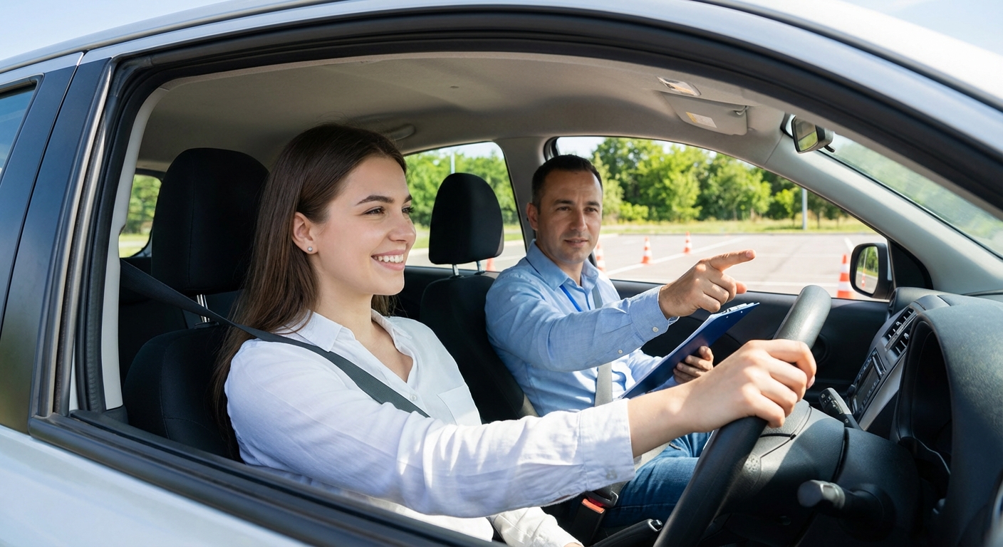 Élève conducteur en formation pratique avec moniteur d'auto-école durant une leçon de conduite