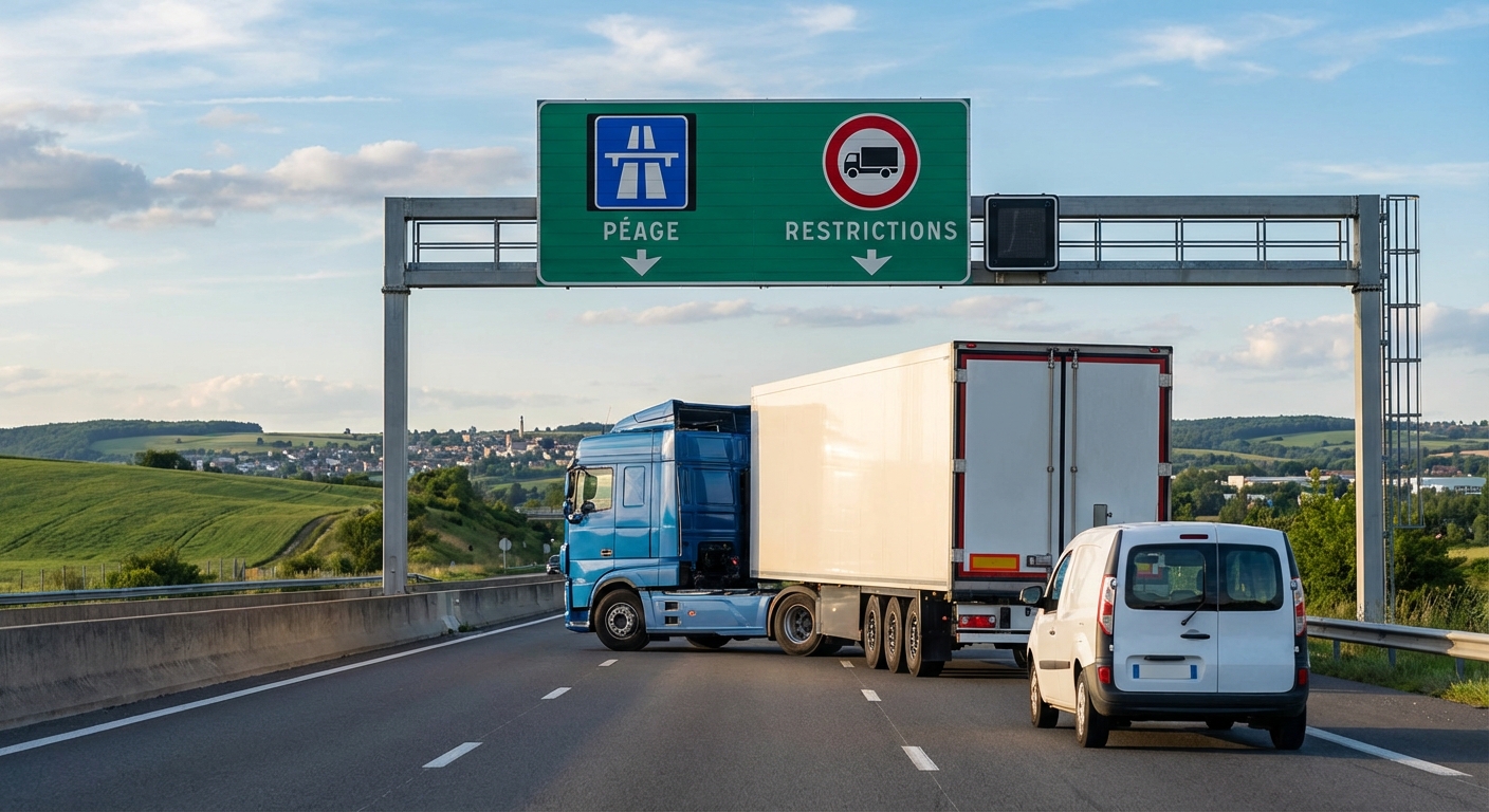 Camion poids lourd circulant sur une route française avec signalisation de limitation de vitesse